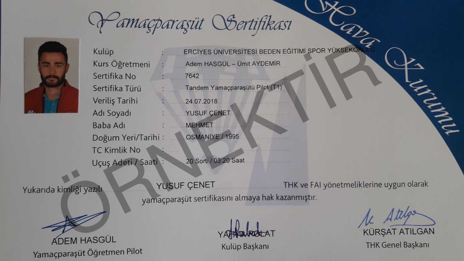Yamaç Paraşütü T1 Sertifikası Tandem Uçuş